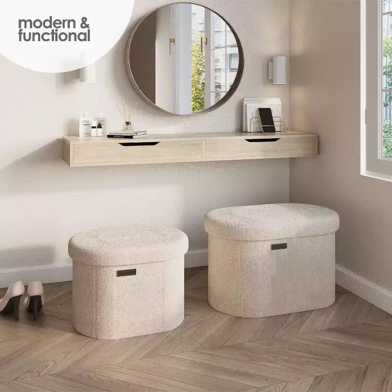 Foldable Boucle Storage Ottoman Bench with Removable Bins