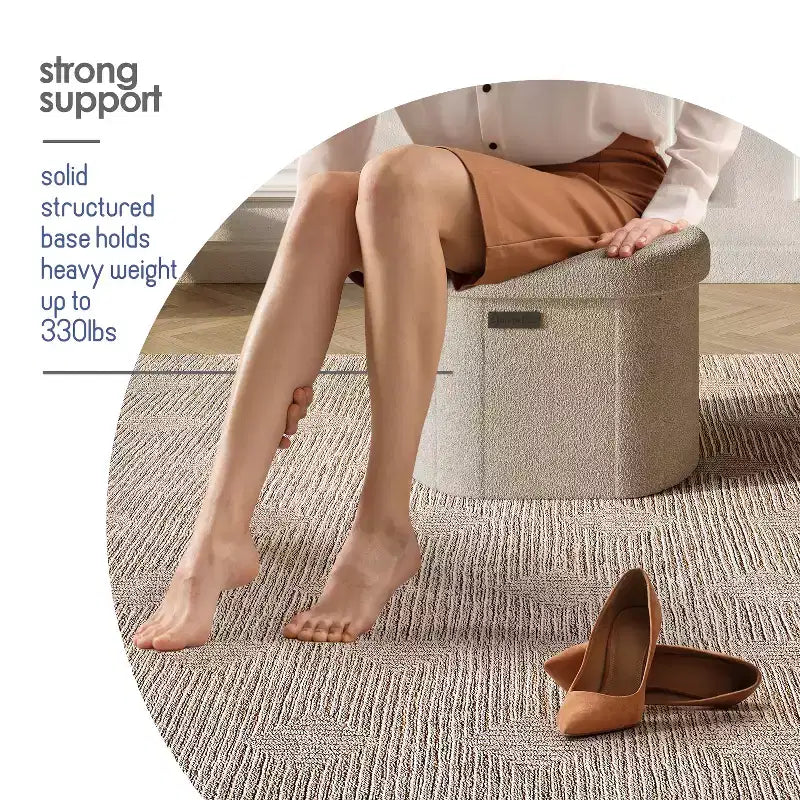 Panca pouf contenitore pieghevole in bouclé con contenitori rimovibili