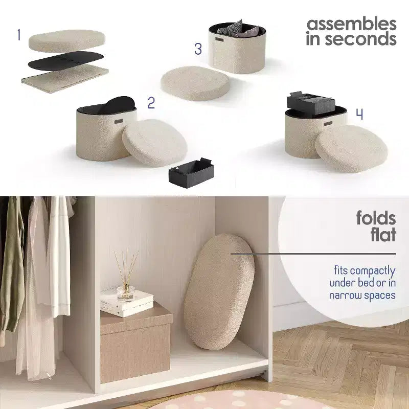 Panca pouf contenitore pieghevole in bouclé con contenitori rimovibili