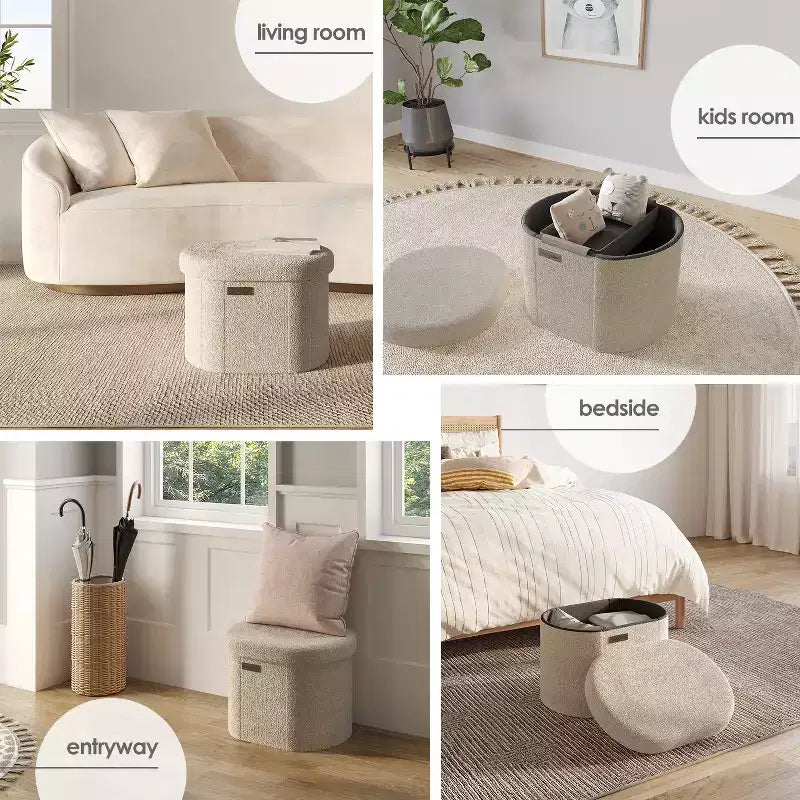 Panca pouf contenitore pieghevole in bouclé con contenitori rimovibili