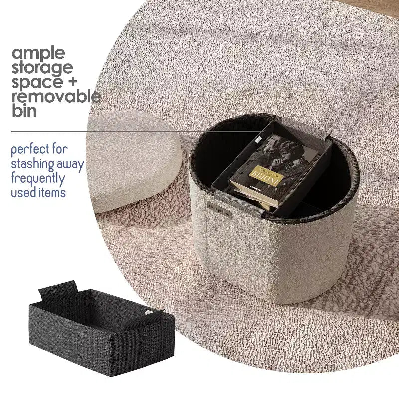 Panca pouf contenitore pieghevole in bouclé con contenitori rimovibili