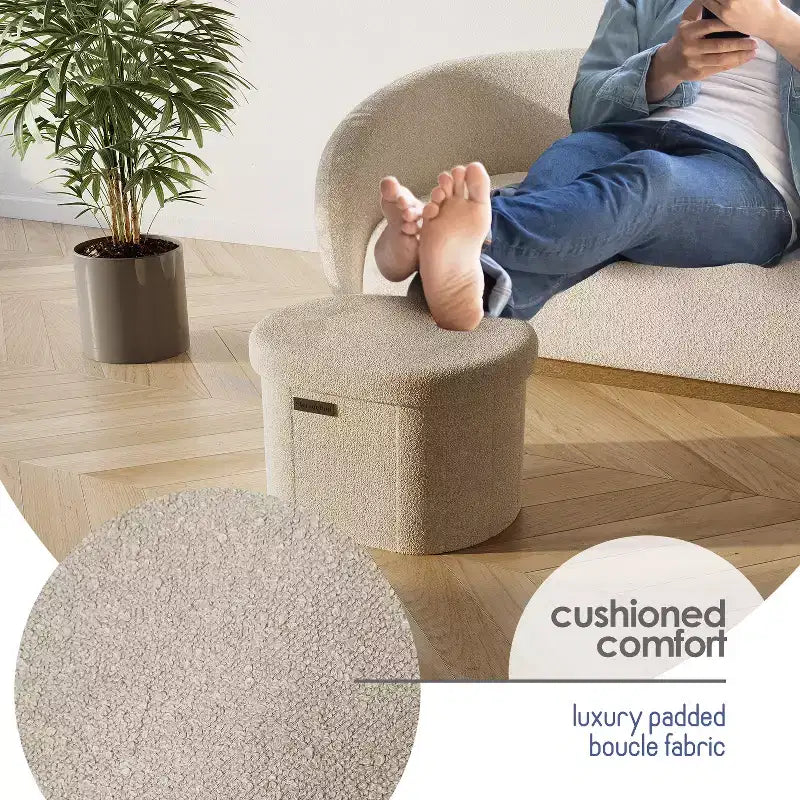 Panca pouf contenitore pieghevole in bouclé con contenitori rimovibili