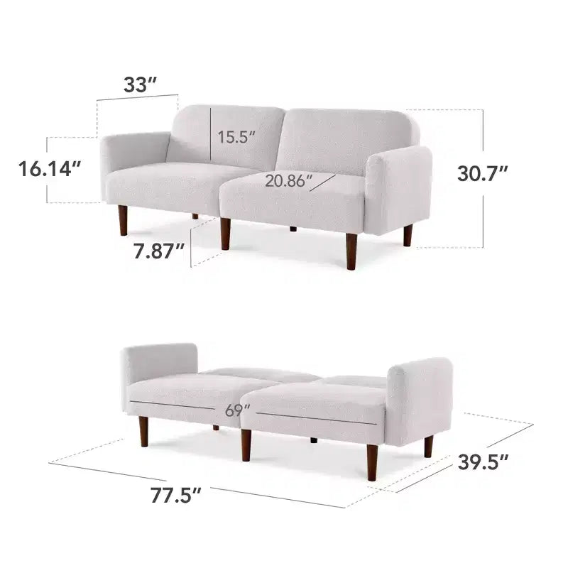 Divano letto futon convertibile curvo, in tessuto bouclé, con schienale sdoppiato