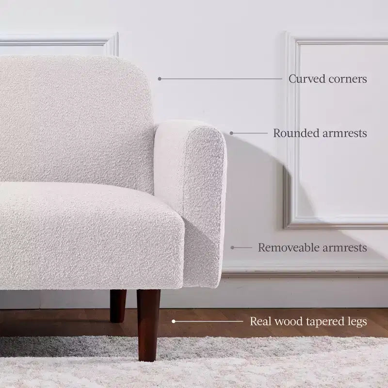 Divano letto futon convertibile curvo, in tessuto bouclé, con schienale sdoppiato
