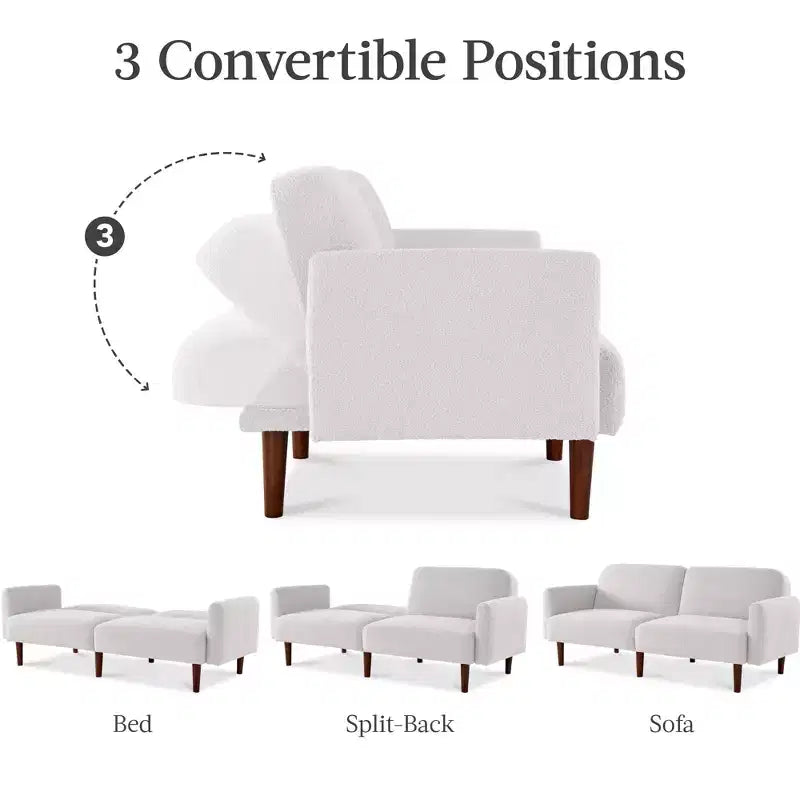 Divano letto futon convertibile curvo, in tessuto bouclé, con schienale sdoppiato
