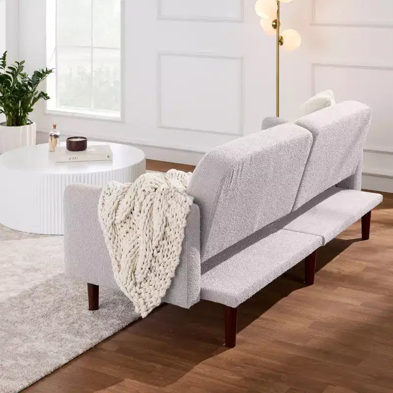 Divano letto futon convertibile curvo, in tessuto bouclé, con schienale sdoppiato