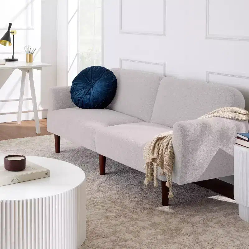 Divano letto futon convertibile curvo, in tessuto bouclé, con schienale sdoppiato