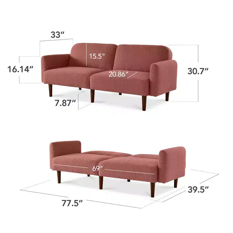 Divano letto futon convertibile curvo, in tessuto bouclé, con schienale sdoppiato