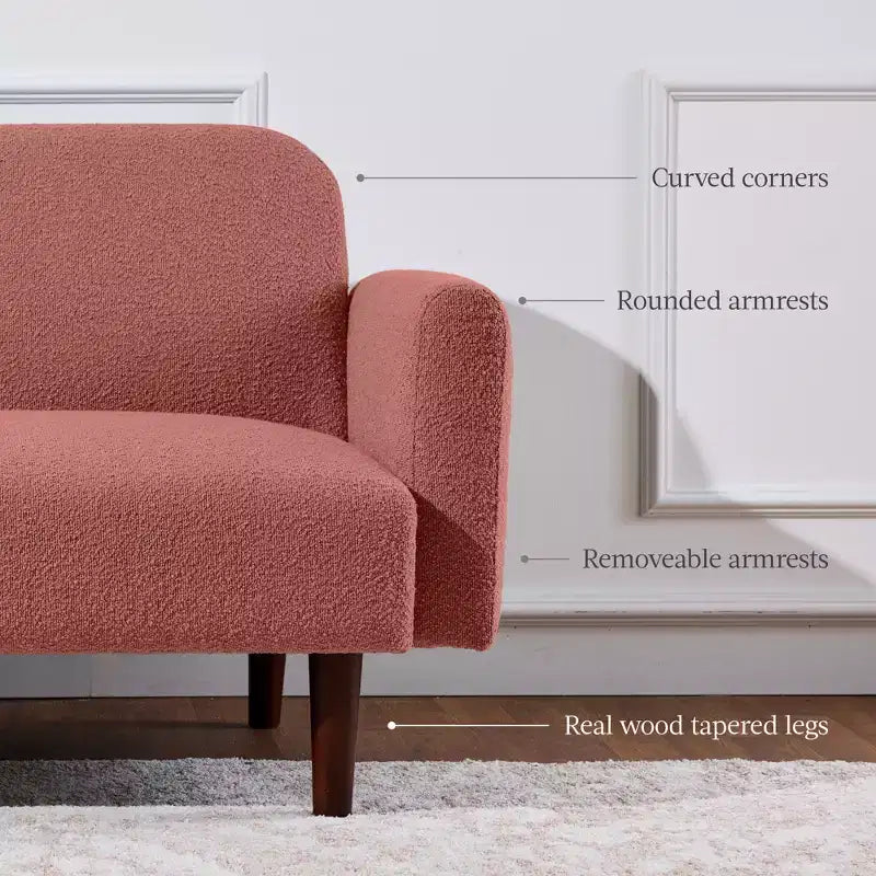 Divano letto futon convertibile curvo, in tessuto bouclé, con schienale sdoppiato