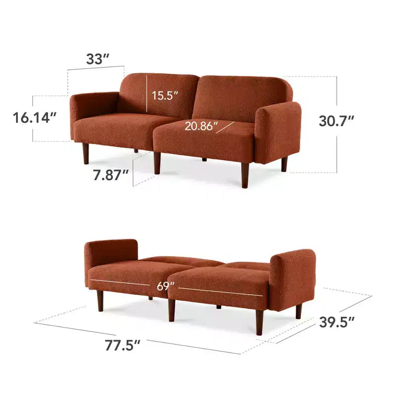 Divano letto futon convertibile curvo, in tessuto bouclé, con schienale sdoppiato