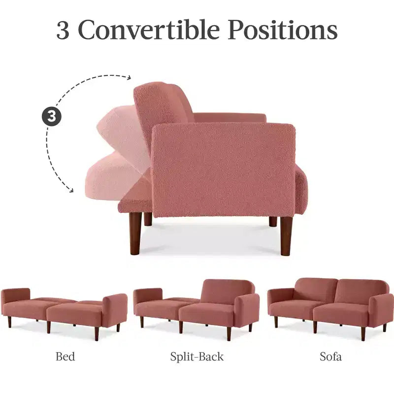 Divano letto futon convertibile curvo, in tessuto bouclé, con schienale sdoppiato