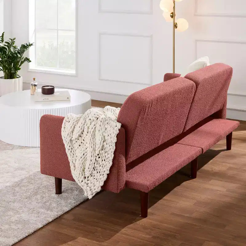 Divano letto futon convertibile curvo, in tessuto bouclé, con schienale sdoppiato