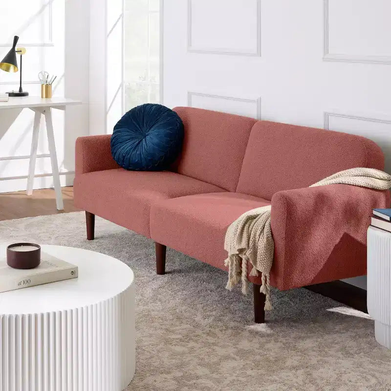 Divano letto futon convertibile curvo, in tessuto bouclé, con schienale sdoppiato