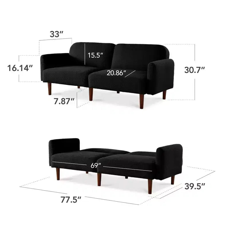 Divano letto futon convertibile curvo, in tessuto bouclé, con schienale sdoppiato