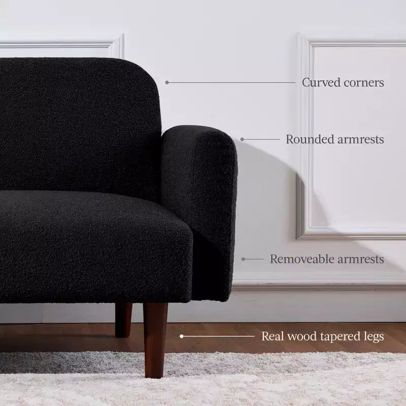 Divano letto futon convertibile curvo, in tessuto bouclé, con schienale sdoppiato
