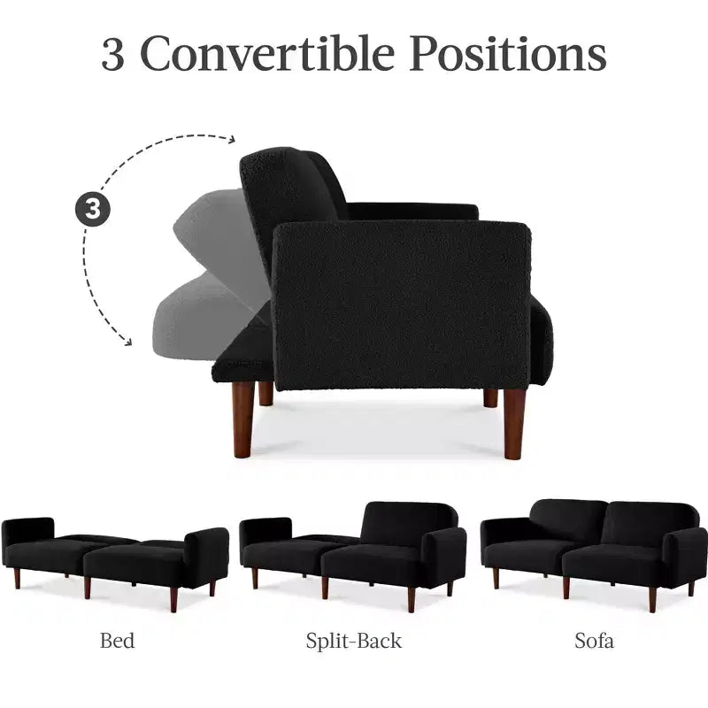 Divano letto futon convertibile curvo, in tessuto bouclé, con schienale sdoppiato