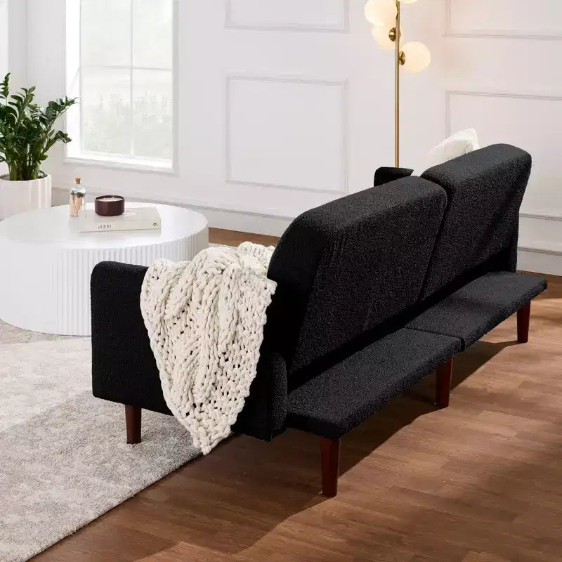 Divano letto futon convertibile curvo, in tessuto bouclé, con schienale sdoppiato