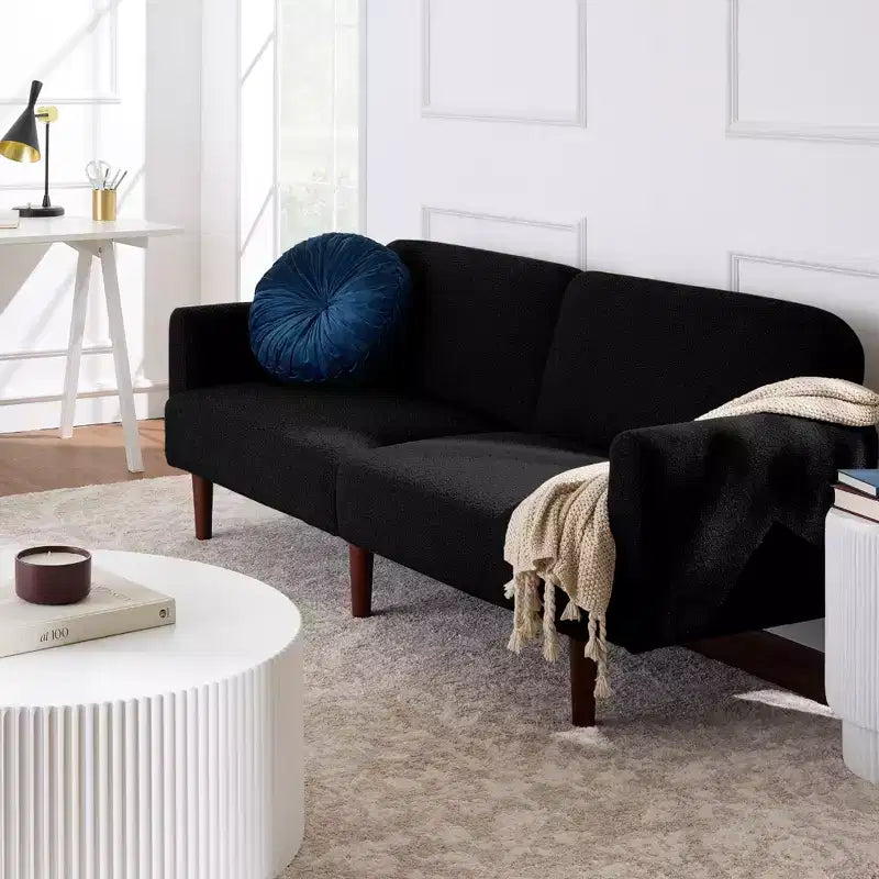 Divano letto futon convertibile curvo, in tessuto bouclé, con schienale sdoppiato