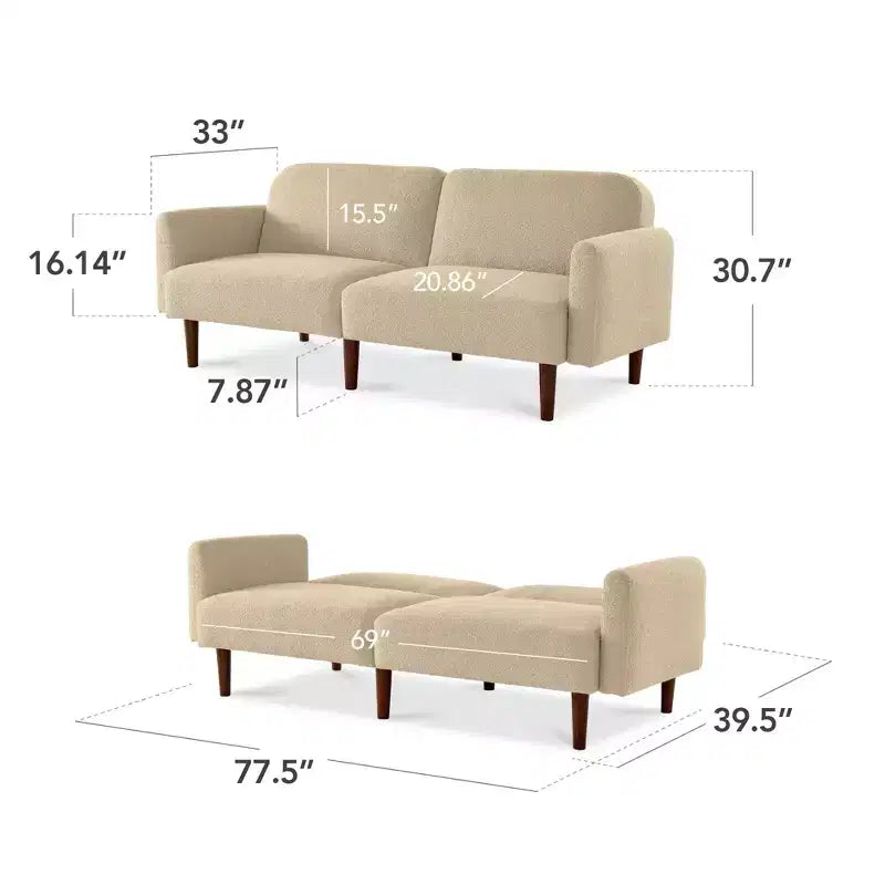 Divano letto futon convertibile curvo, in tessuto bouclé, con schienale sdoppiato