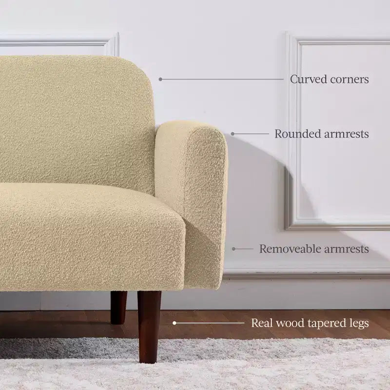 Divano letto futon convertibile curvo, in tessuto bouclé, con schienale sdoppiato