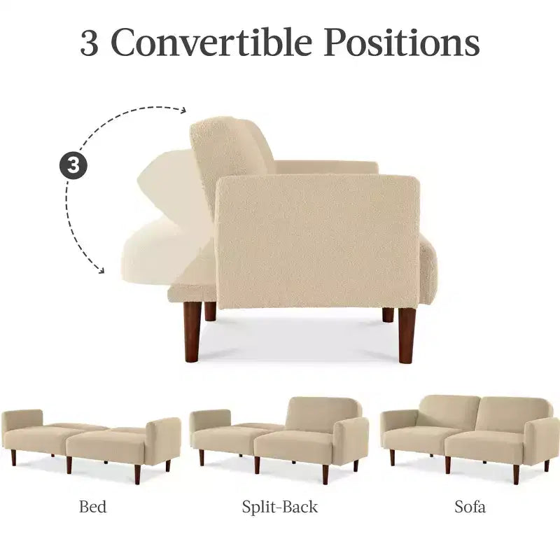 Divano letto futon convertibile curvo, in tessuto bouclé, con schienale sdoppiato