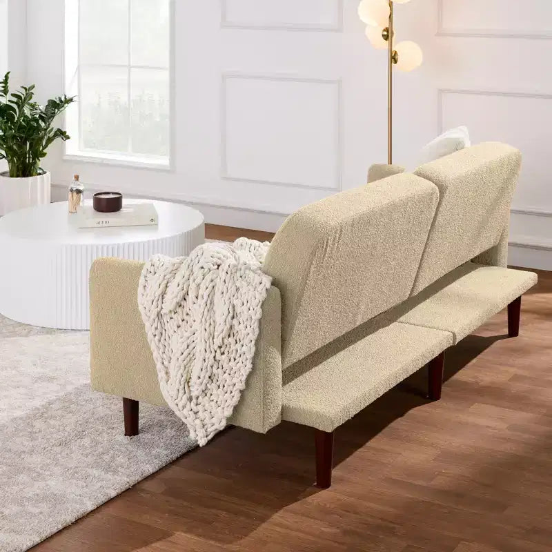 Divano letto futon convertibile curvo, in tessuto bouclé, con schienale sdoppiato