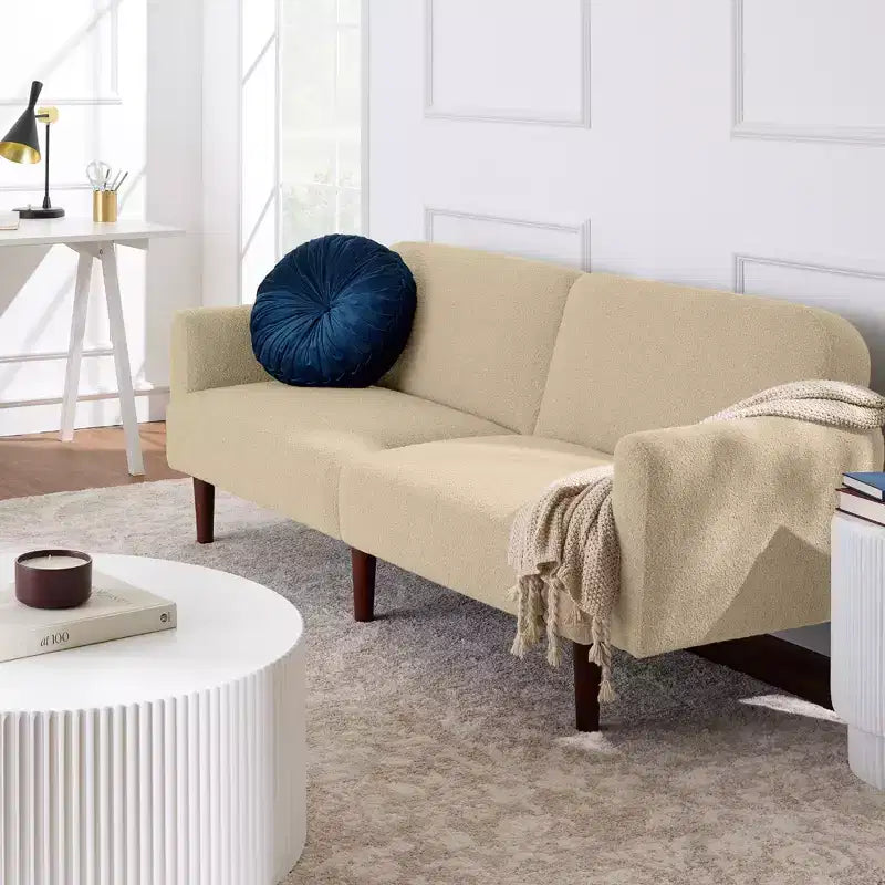 Divano letto futon convertibile curvo, in tessuto bouclé, con schienale sdoppiato