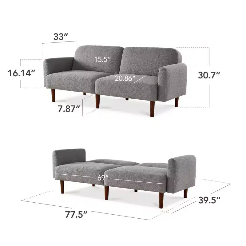 Divano letto futon convertibile curvo, in tessuto bouclé, con schienale sdoppiato