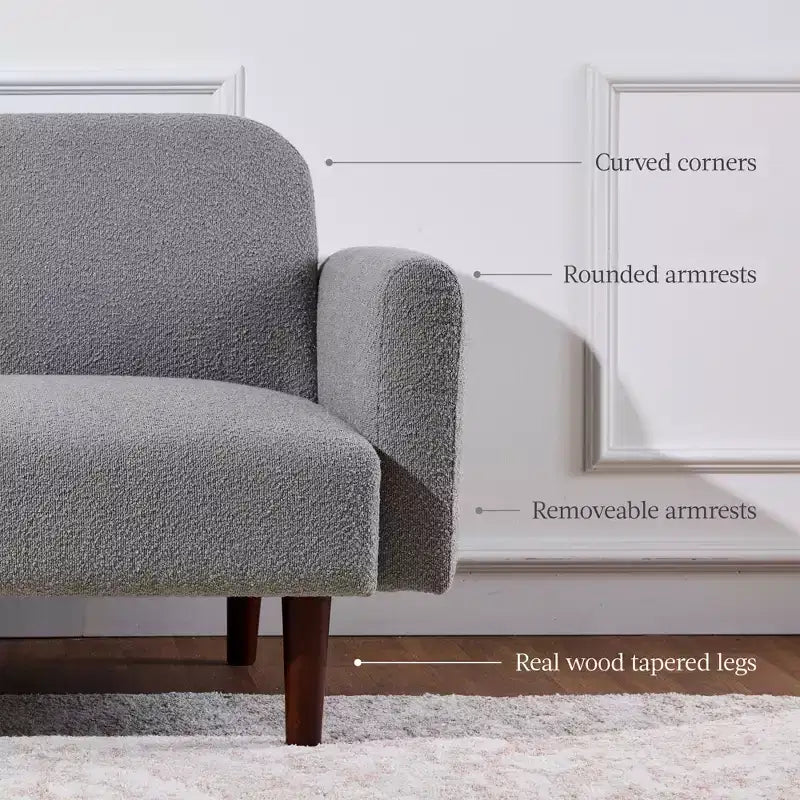 Divano letto futon convertibile curvo, in tessuto bouclé, con schienale sdoppiato