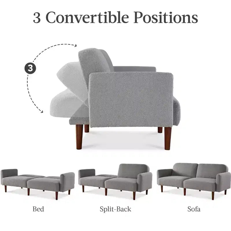 Divano letto futon convertibile curvo, in tessuto bouclé, con schienale sdoppiato