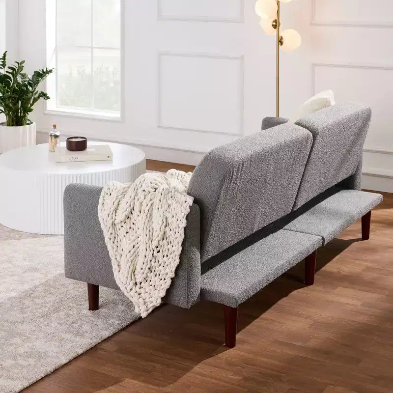 Divano letto futon convertibile curvo, in tessuto bouclé, con schienale sdoppiato