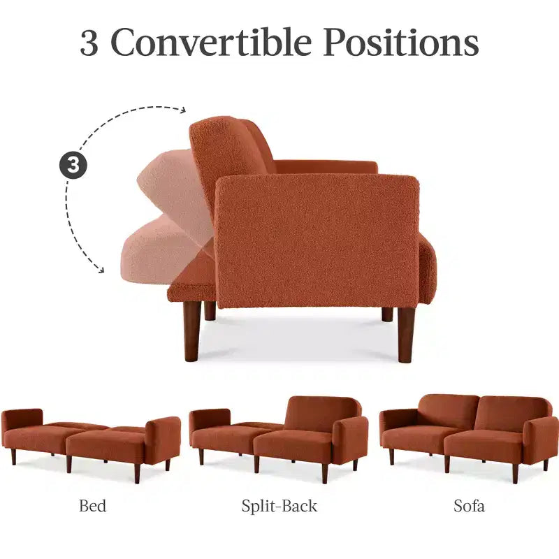Divano letto futon convertibile curvo, in tessuto bouclé, con schienale sdoppiato