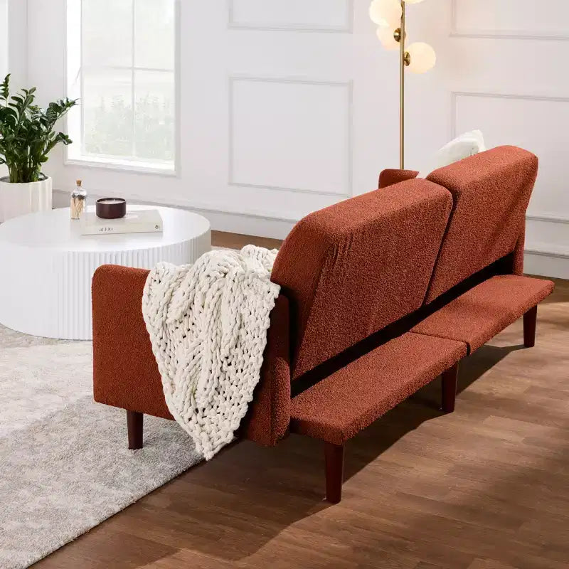 Divano letto futon convertibile curvo, in tessuto bouclé, con schienale sdoppiato