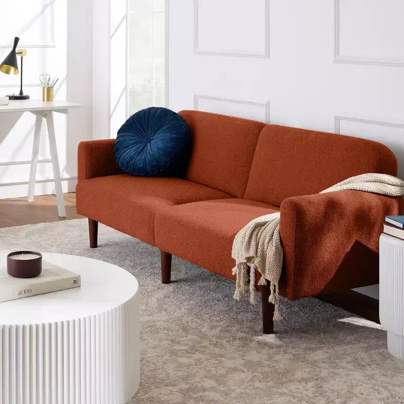 Divano letto futon convertibile curvo, in tessuto bouclé, con schienale sdoppiato