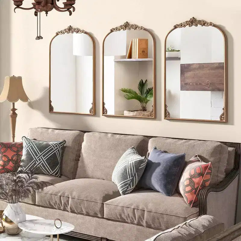 Specchio da parete ad arco barocco dorato con cornice in resina decorata – Diverse misure