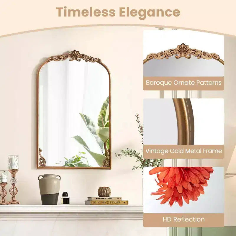 Specchio da parete ad arco barocco dorato con cornice in resina decorata – Diverse misure