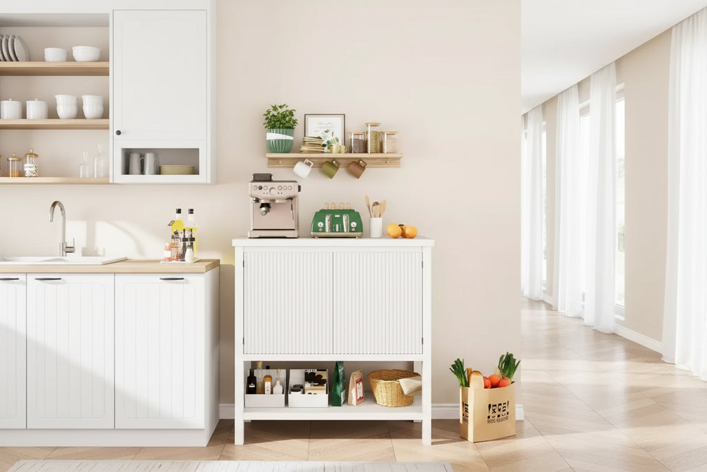 Narrow Sofa Tables with Storage, Console Table with 2-Door, Modern Sideboard with Storage Shelf, Coffee Bar for Living Room, Office White