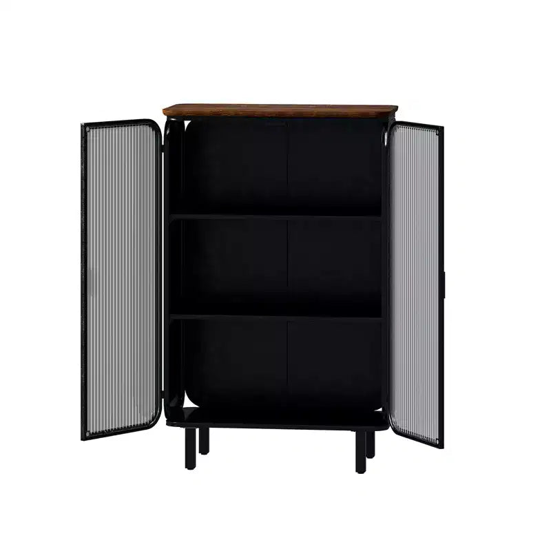 Two-Door Metal Sideboard with Glass Doors and Wood Top