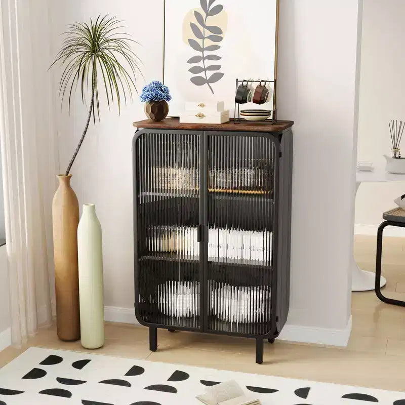 Credenza in metallo a due ante con ante in vetro e piano in legno