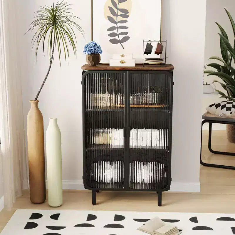 Credenza in metallo a due ante con ante in vetro e piano in legno
