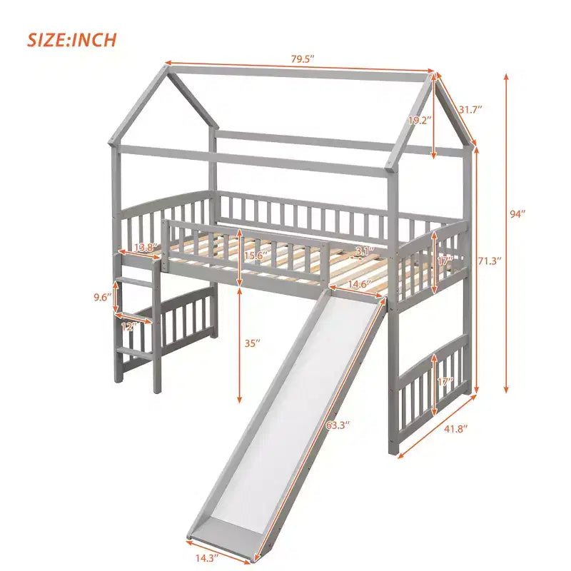 Letto a soppalco singolo con scivolo, scaletta e struttura per casetta dei giochi