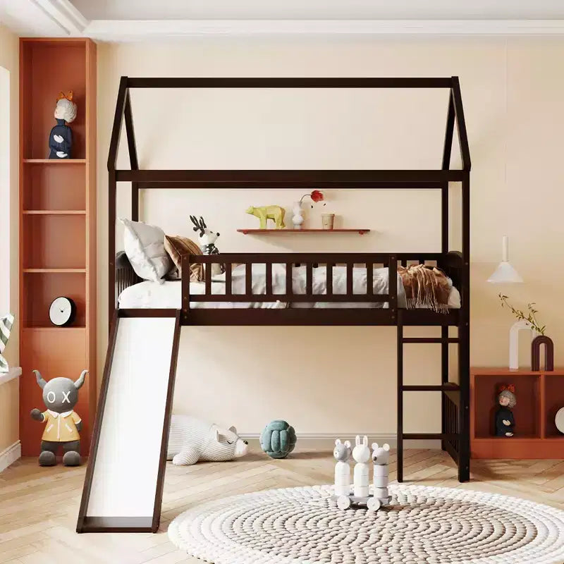 Twin Size Loft Bed with Slide, Ladder, and Playhouse Frame