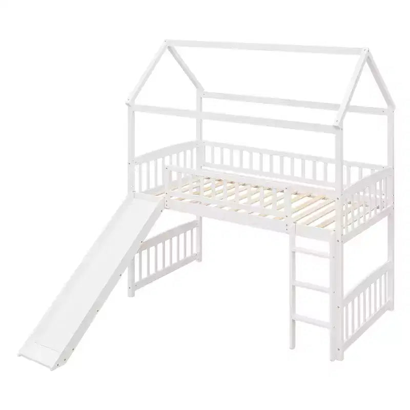 Letto a soppalco singolo con scivolo, scaletta e struttura per casetta dei giochi