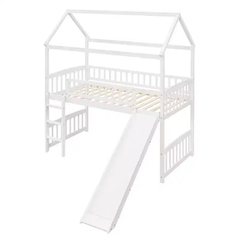Letto a soppalco singolo con scivolo, scaletta e struttura per casetta dei giochi