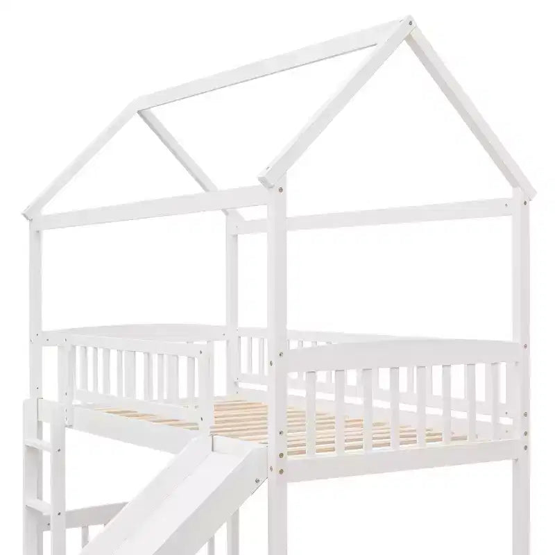 Letto a soppalco singolo con scivolo, scaletta e struttura per casetta dei giochi