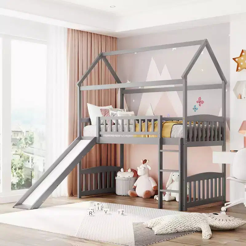 Twin Size Loft Bed with Slide, Ladder, and Playhouse Frame