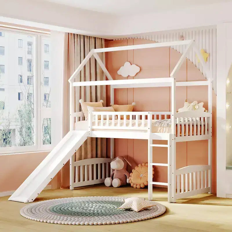 Twin Size Loft Bed with Slide, Ladder, and Playhouse Frame