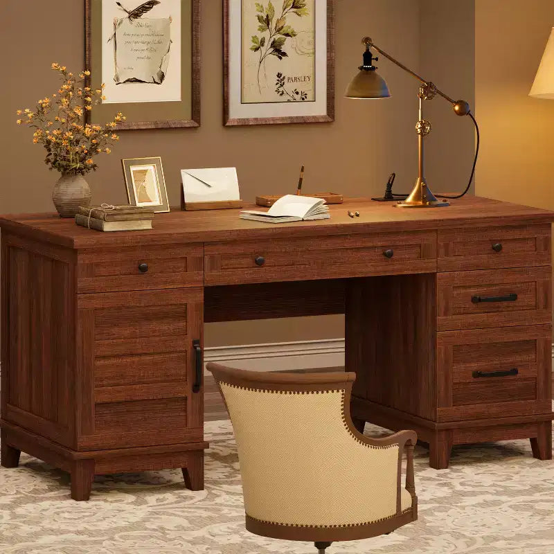 60-Inch Executive Desk with Drawers, Charging Station and File Cabinet Storage