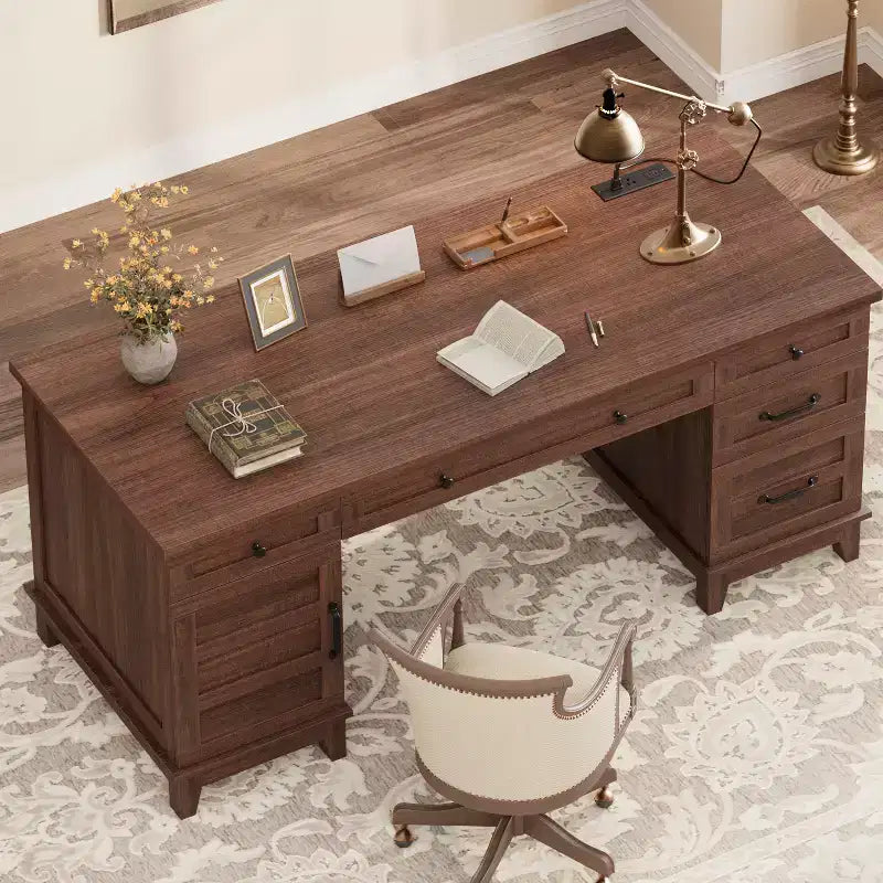 60-Inch Executive Desk with Drawers, Charging Station and File Cabinet Storage