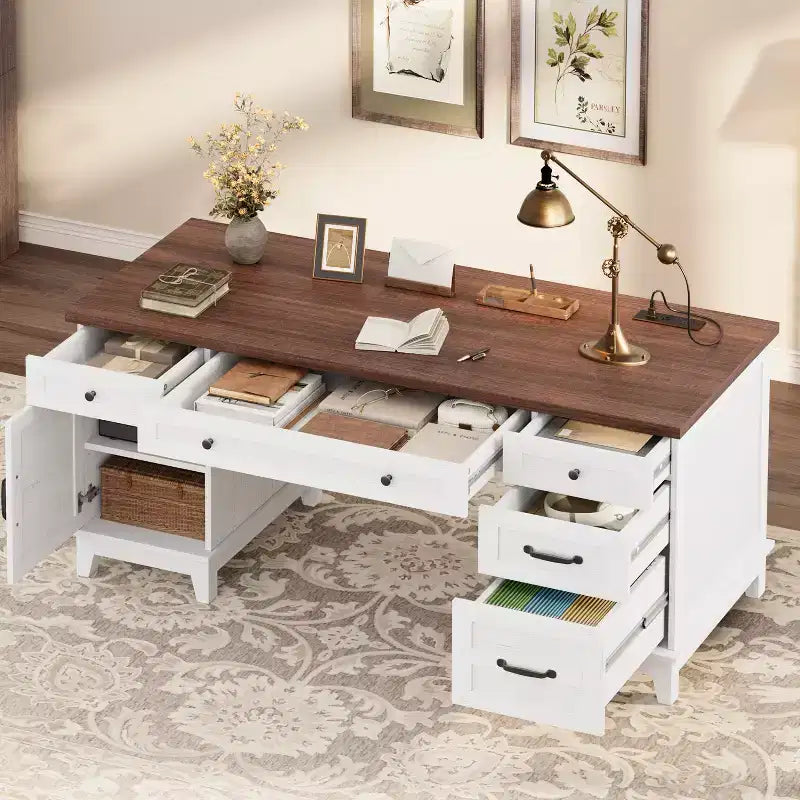 60-Inch Executive Desk with Drawers, Charging Station and File Cabinet Storage